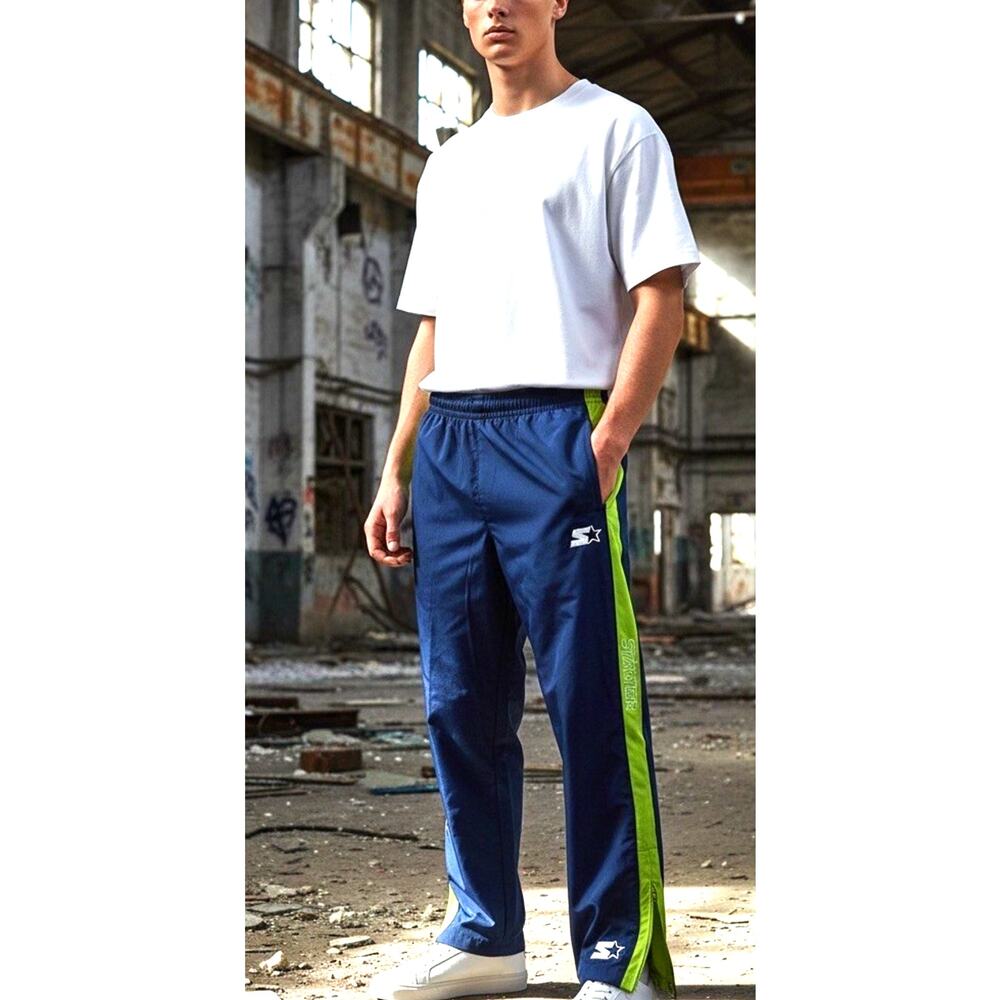 Vtg 90s Starter Track Pants Navy Neon Green Side Stripe Ankle Zip Windbreaker L